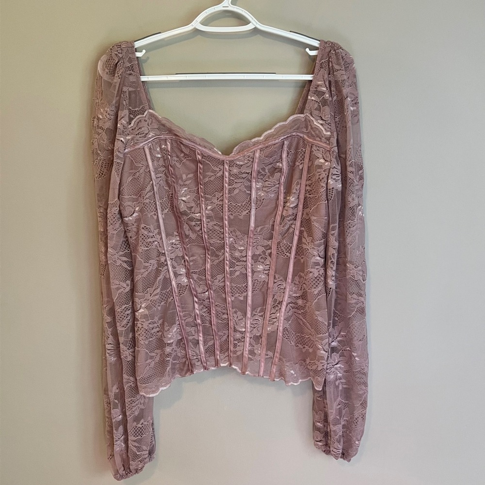 Mauve Pink Lace Corset Top Long Sleeve Sweetheart L Coquette Ren Fairy Milkmaid